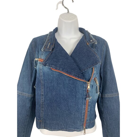 Cropped Moto Denim Jacket With Asymmetrical Zipper For Women Size 6 Small - Picture 2 of 9